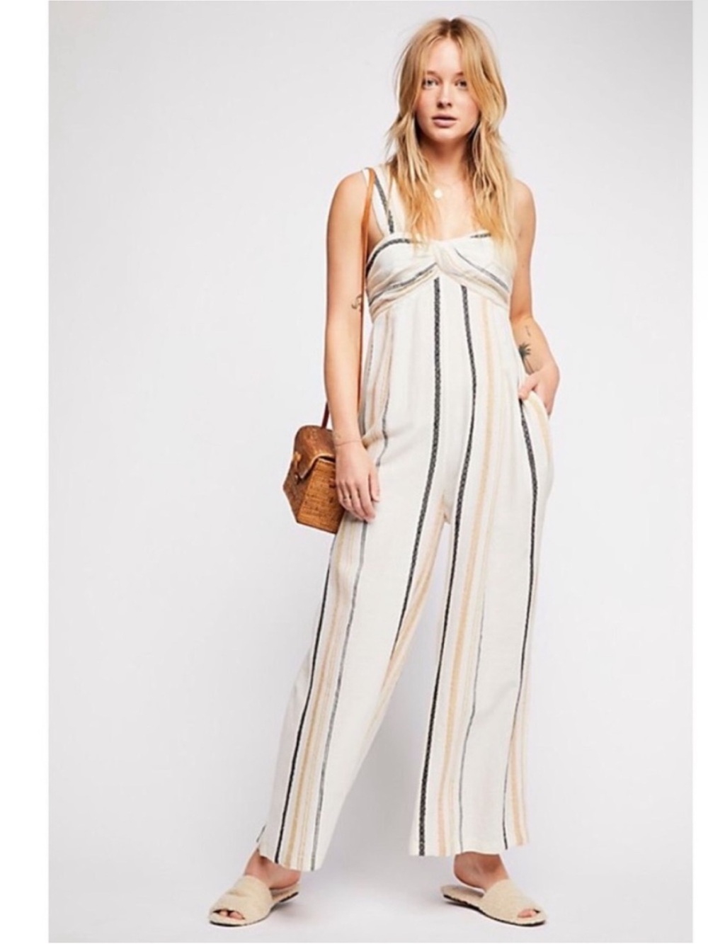 Free people breezin through striped jumpsuit